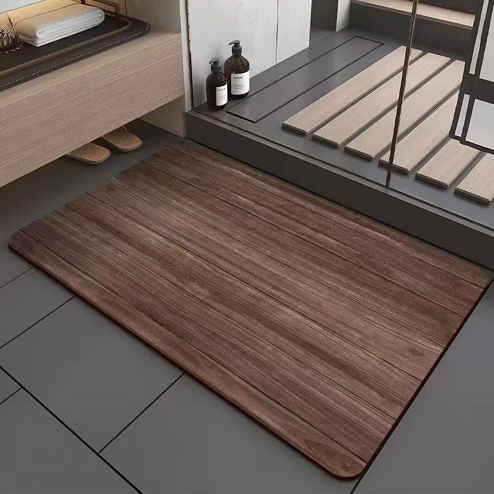 Square American wood grain geometric pattern diatom ooze bathroom floor mat on tiles.