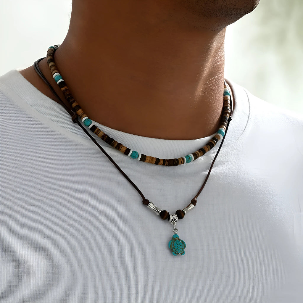 Men's coconut shell turquoise leather necklace with geometric wood and gemstone pendant