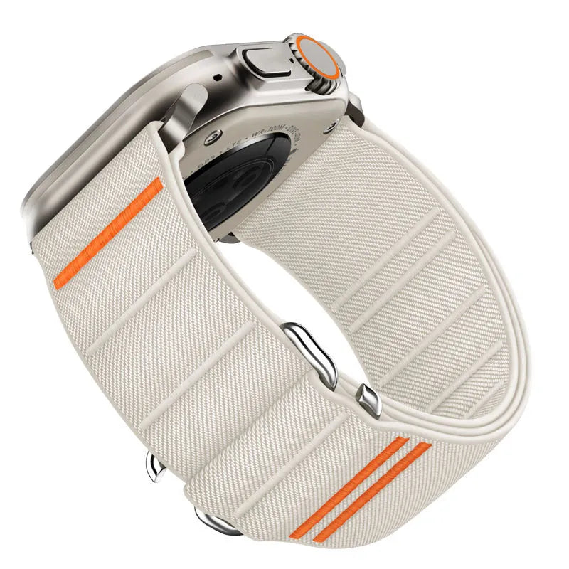 Elastic nylon Apple Watch replacement strap with stainless steel buckle shown in Army Green colour.