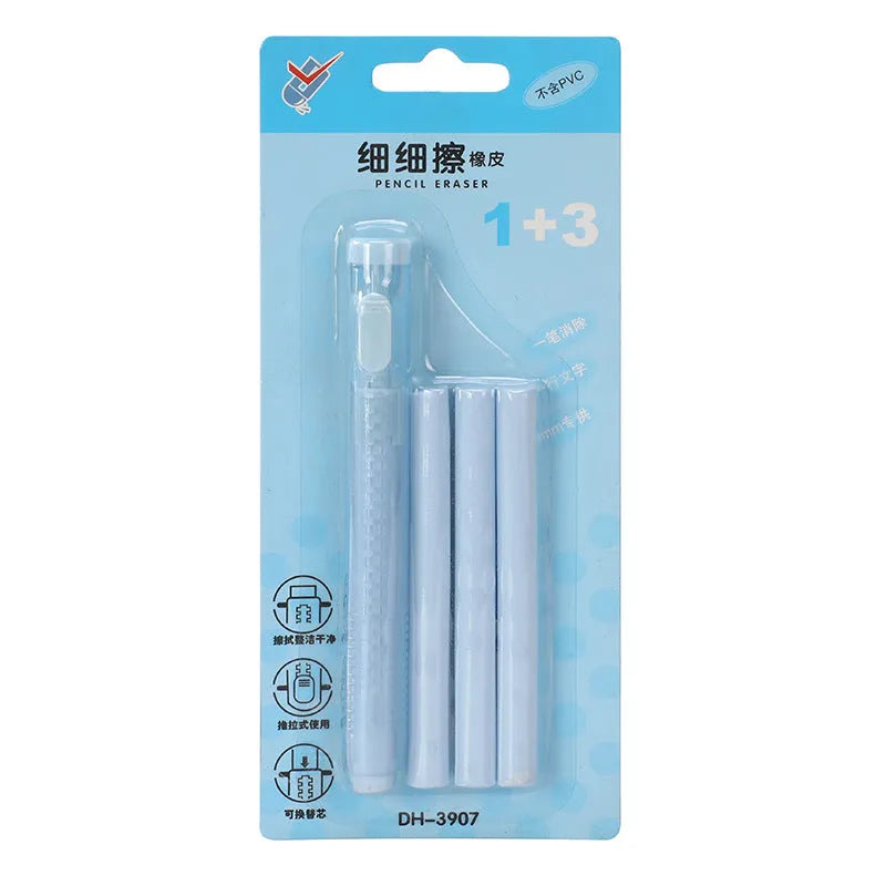 Push type traceless children's automatic eraser in blue, green, pink, or purple, showing 12cm by 8cm size.