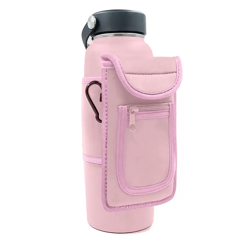 Fitness magnetic bottle sleeve in black holding an insulated cup, showing the magnetic closure.