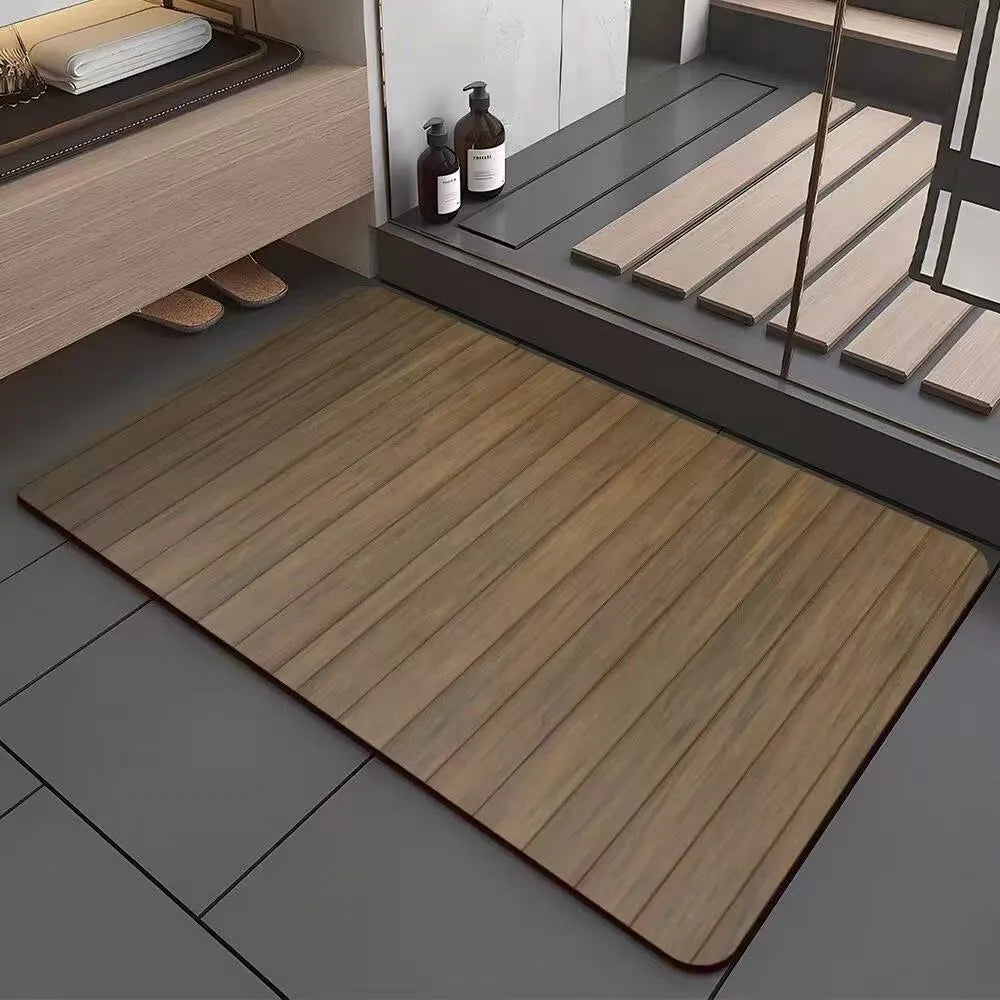 American wood grain patterned diatom ooze bathroom floor mat with geometric design on non-slip base