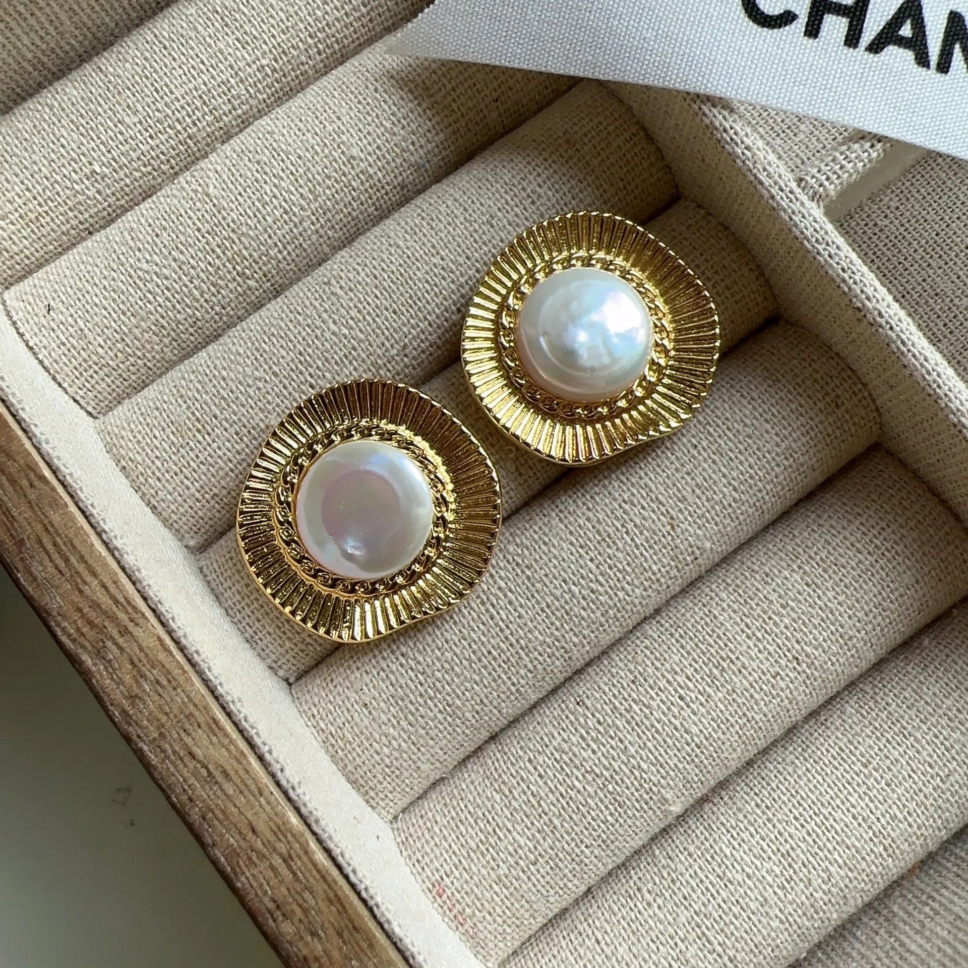 Gold round hoop earrings with French retro design for women