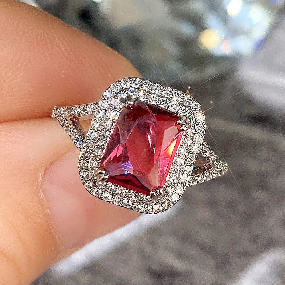 Red rhinestone square princess ring on copper band, women's jewellery sizes 6 to 10