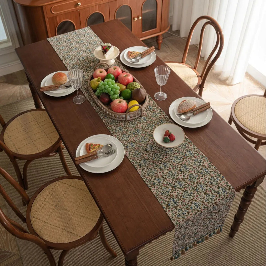 Nordic jacquard striped table runner with tassel trim in dark blue with multiple pattern options