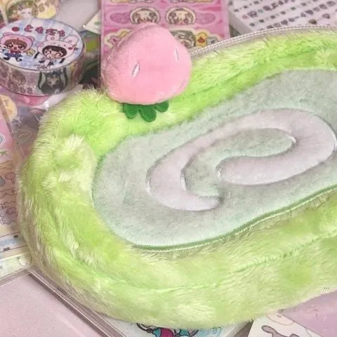 Honeydew Roll plush velvet pencil case in Swiss Roll Cake colour with Korean style design