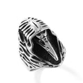 Crow design stainless steel ring in geometric shape, colour MR166, on a grey background.