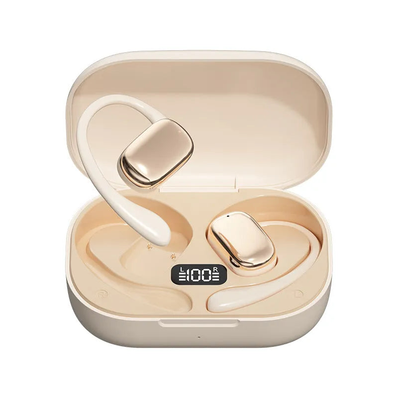 Ear-mounted headphones with digital display screen showing battery percentage, available in black colour