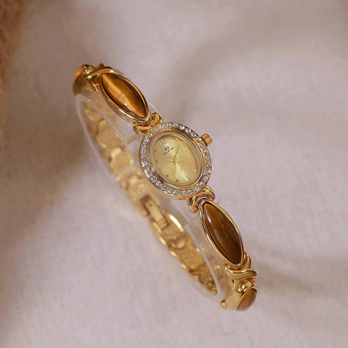 Tigereye Maillard chain watch for women with natural stone dial, 7mm alloy bracelet, gold tone