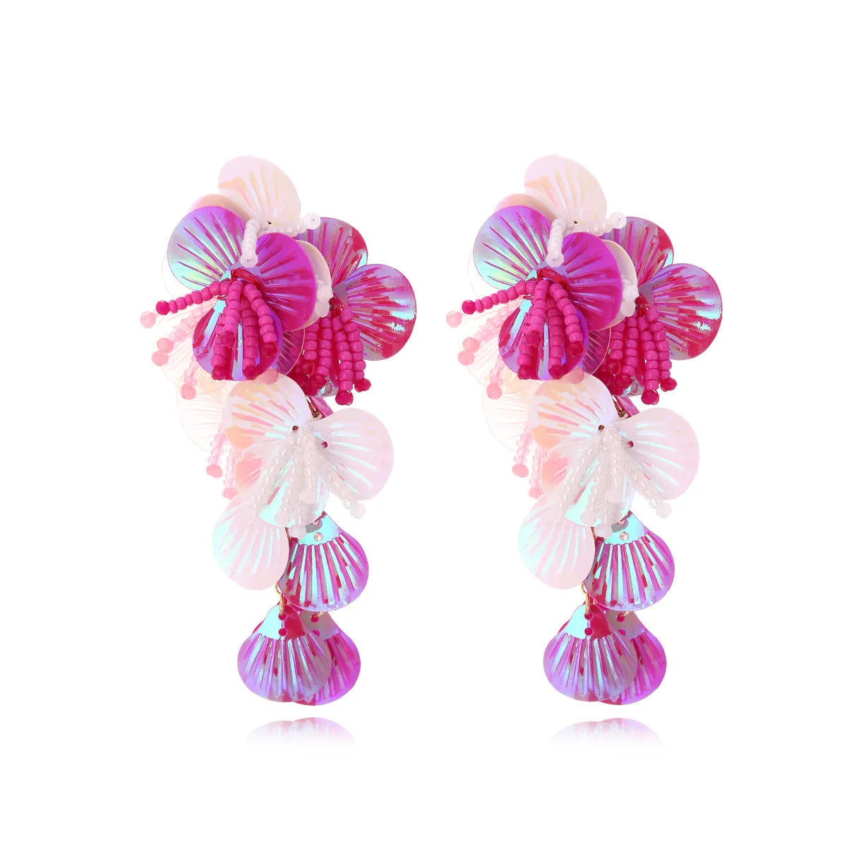 Handmade string bead flower earrings in purple, rose, and multicolour exaggerated designs