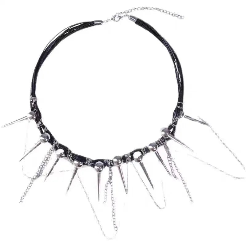 Leather necklace with winding tassel, round beads, and point rivet detailing for women