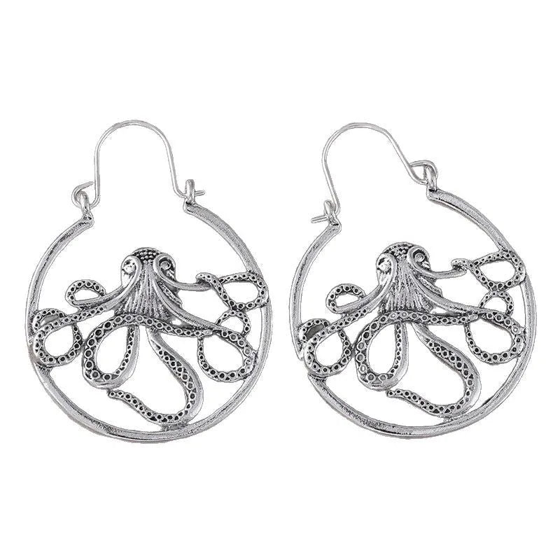 Vintage-style octopus earrings in antique silver with animal zodiac design