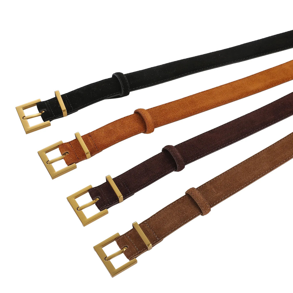 Ladies' black genuine leather belt with alloy pin buckle showing quadrilateral styling details