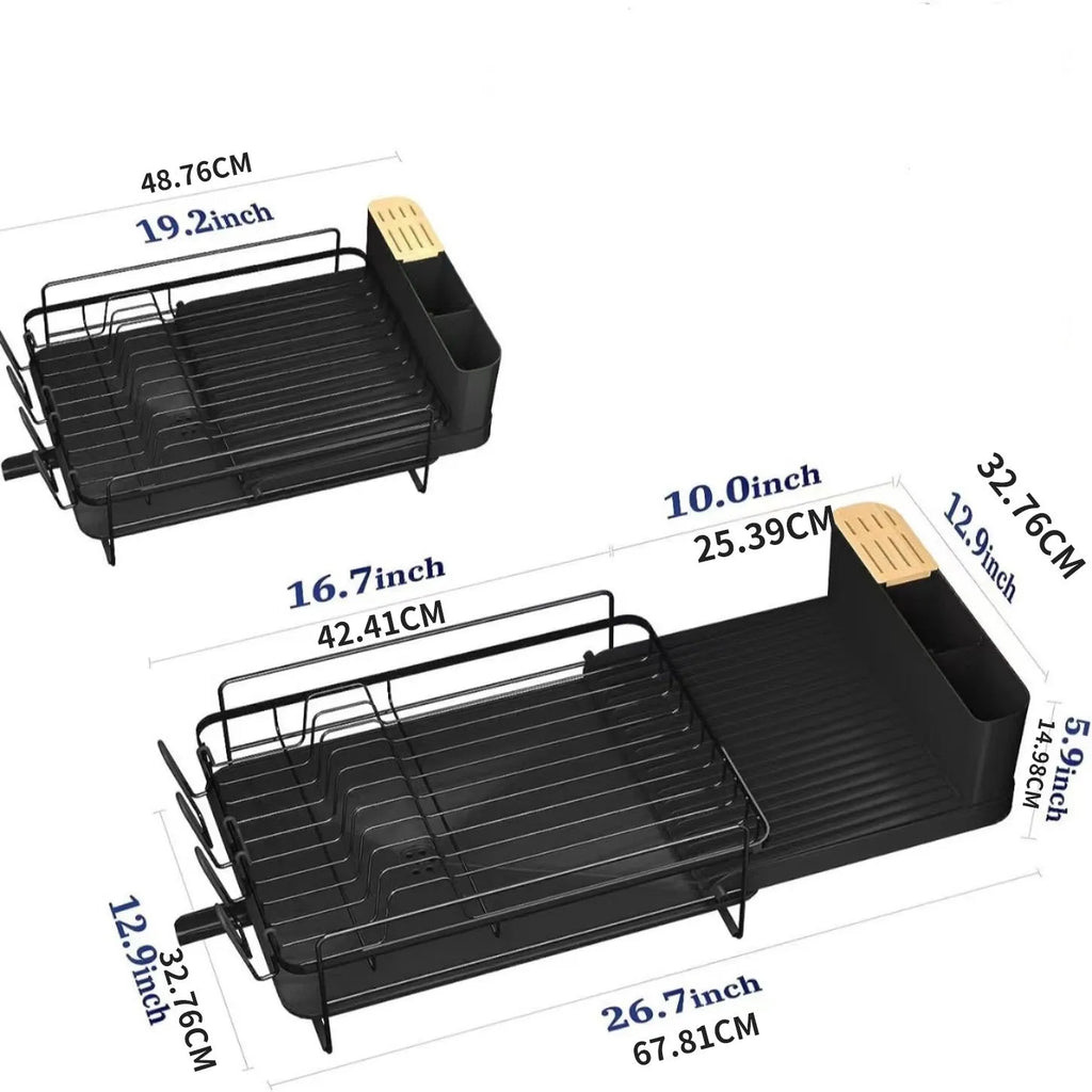 A retractable, foldable carbon steel dish rack for draining cutlery, knives, forks and cups on a kitchen countertop.