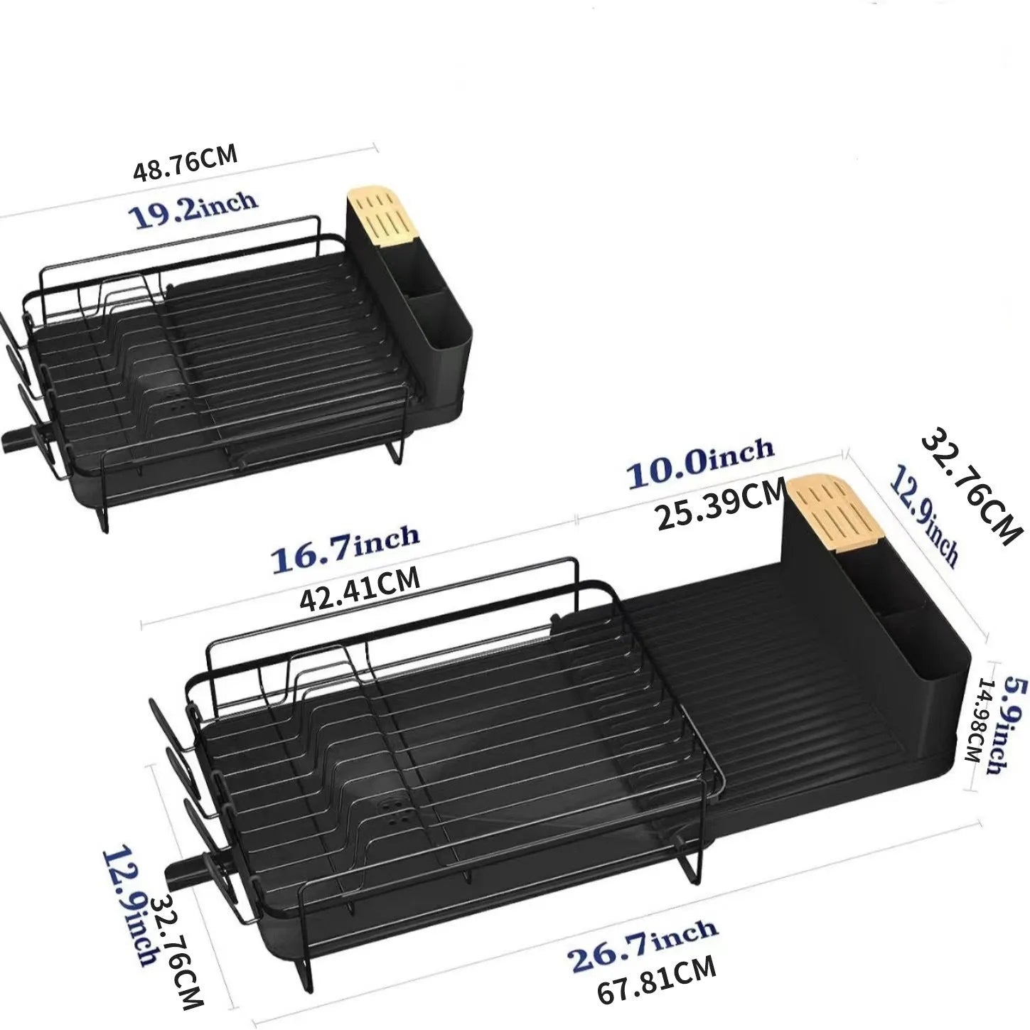 A retractable, foldable carbon steel dish rack for draining cutlery, knives, forks and cups on a kitchen countertop.