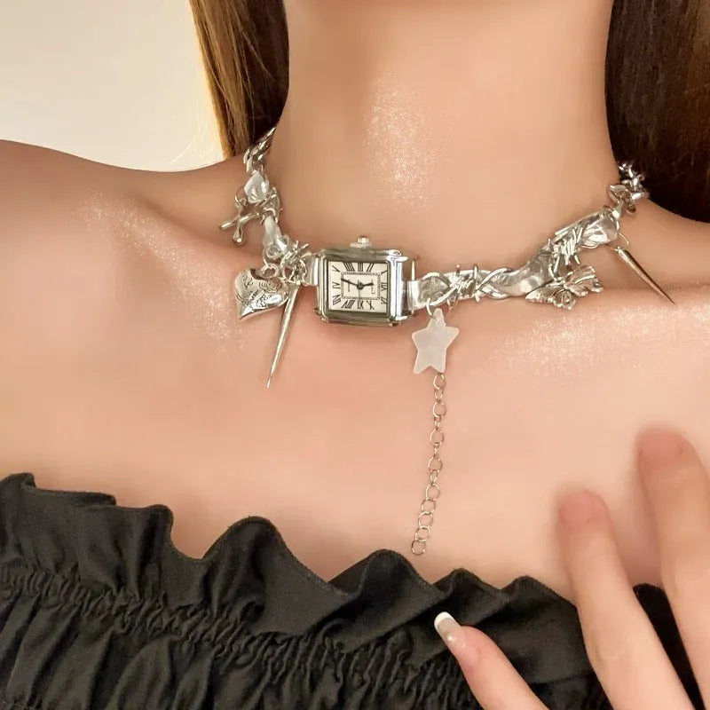 Dark women's multi-layer cross necklace with twin clavicle chains and hemp flower pattern