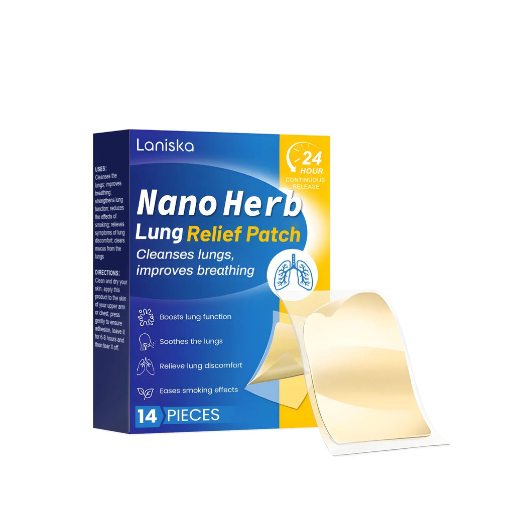 Box of Lung Care Soothing Patches showing 14 individual patches with herbal ingredients.