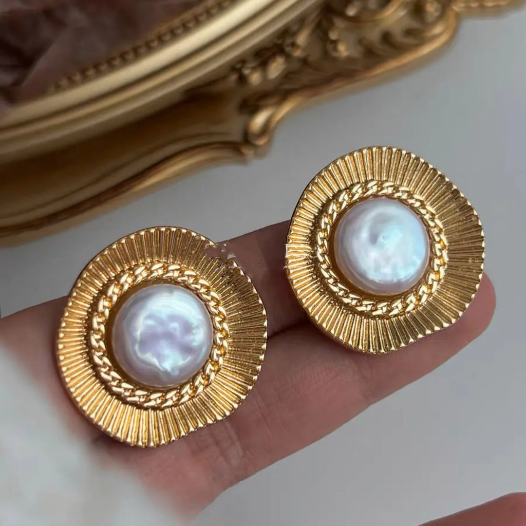 Gold round hoop earrings with French retro design for women