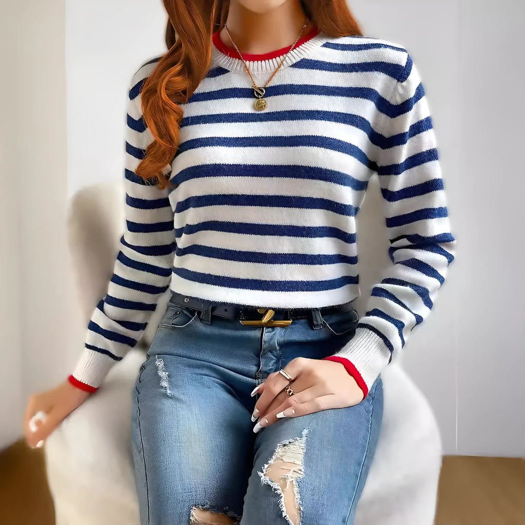 Sapphire Blue striped acrylic pullover sweater with round neck and long sleeves on hanger