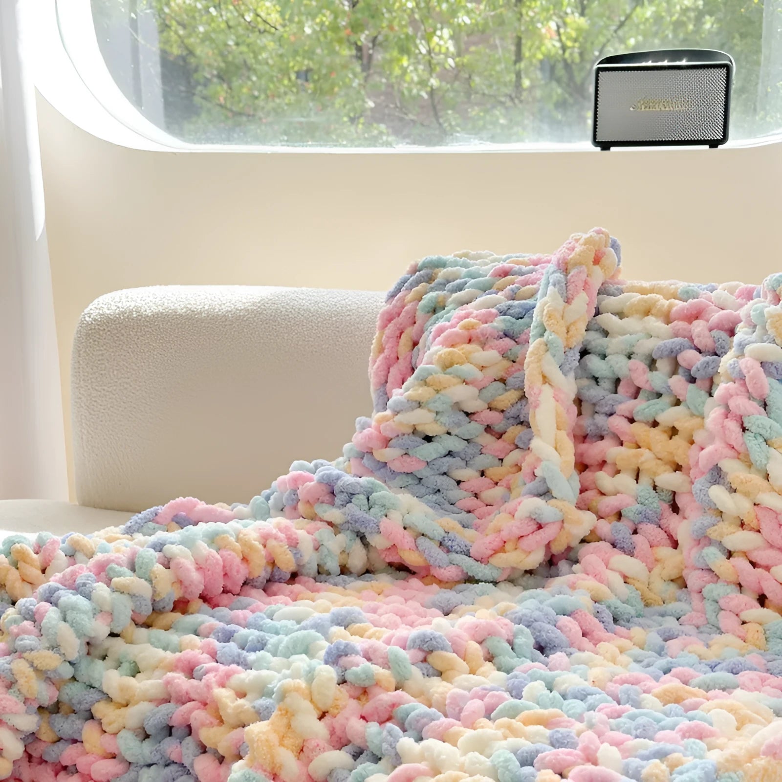 Handmade thick chenille striped blanket in 130x170cm size showing caramel mango colour option