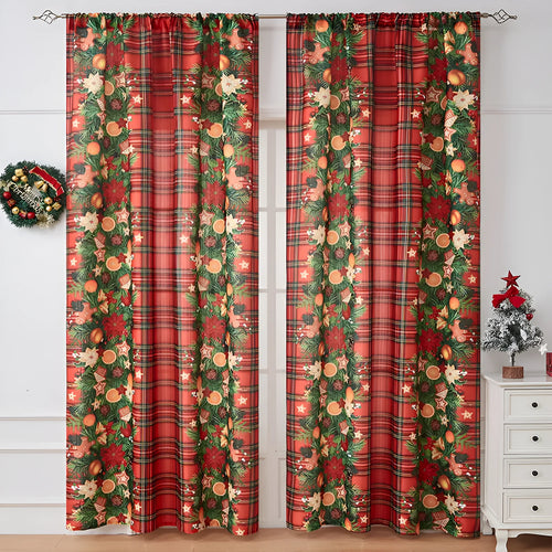 Rectangular Christmas-themed curtain with printed designs showing semi-sunshade function