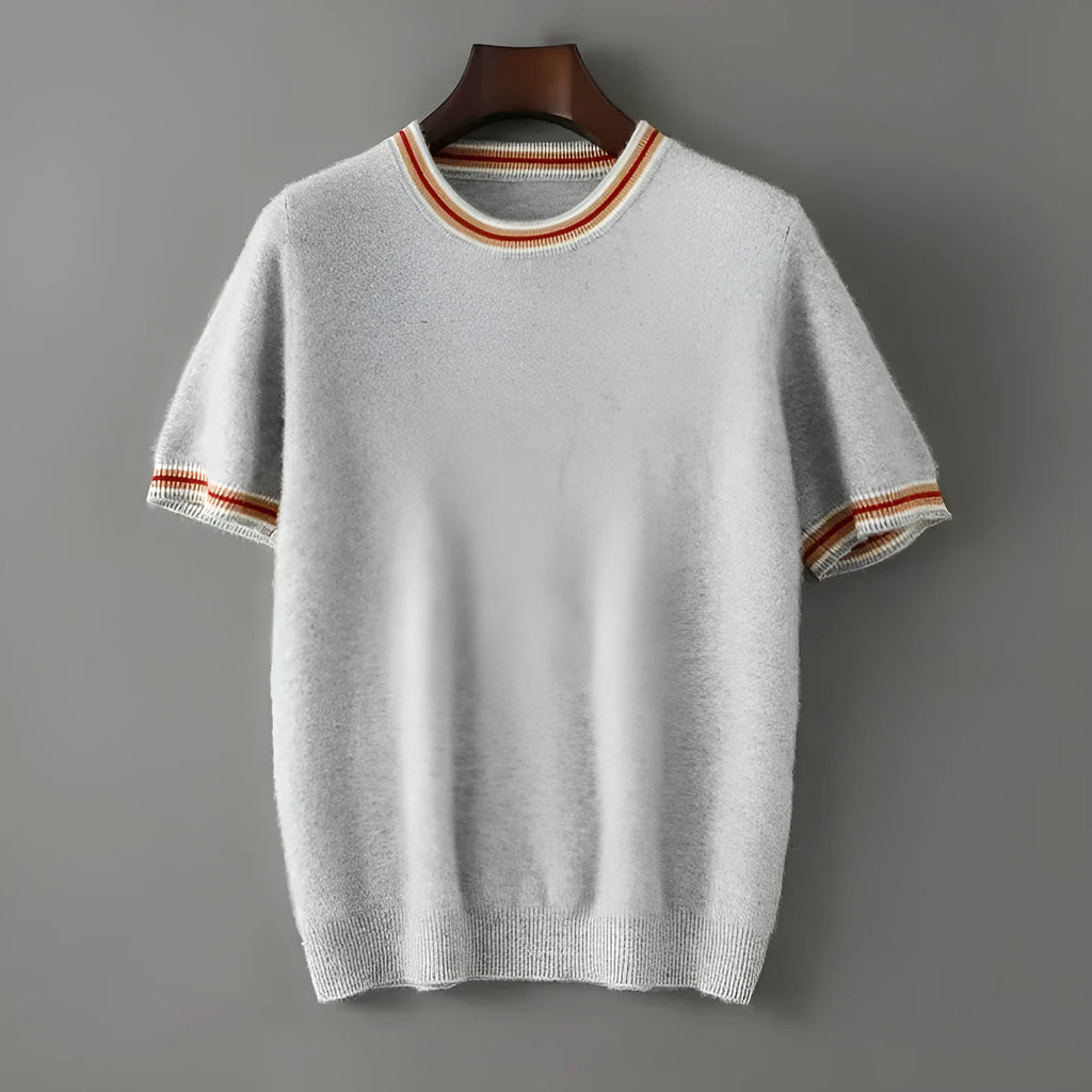 Men's round neck short sleeve pure wool pullover sweater in grey, shown on a model.