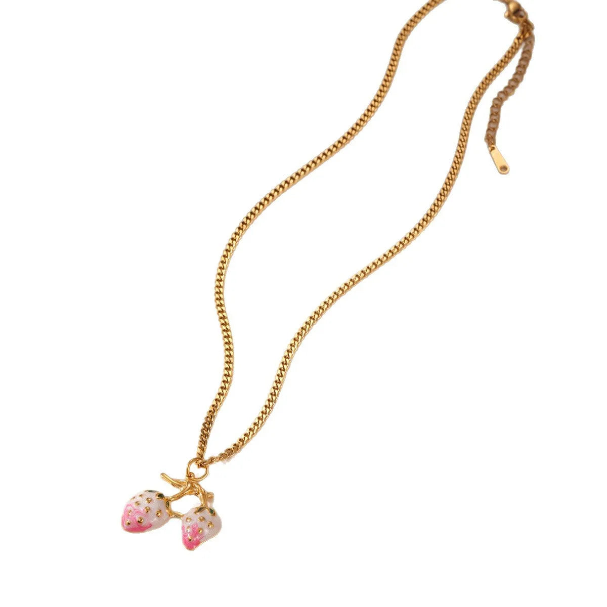 Red strawberry fruit pendant necklace with white gradient beads on an alloy chain.