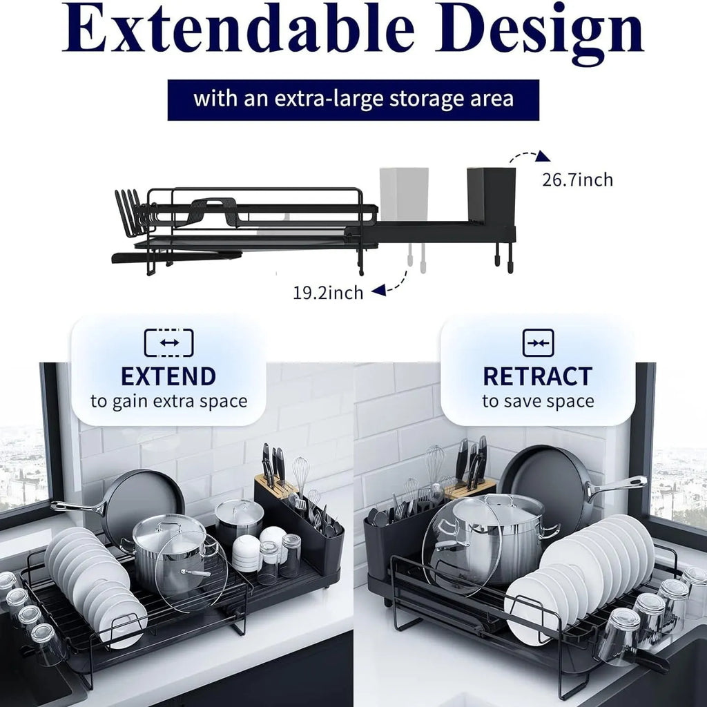 A retractable, foldable carbon steel dish rack for draining cutlery, knives, forks and cups on a kitchen countertop.
