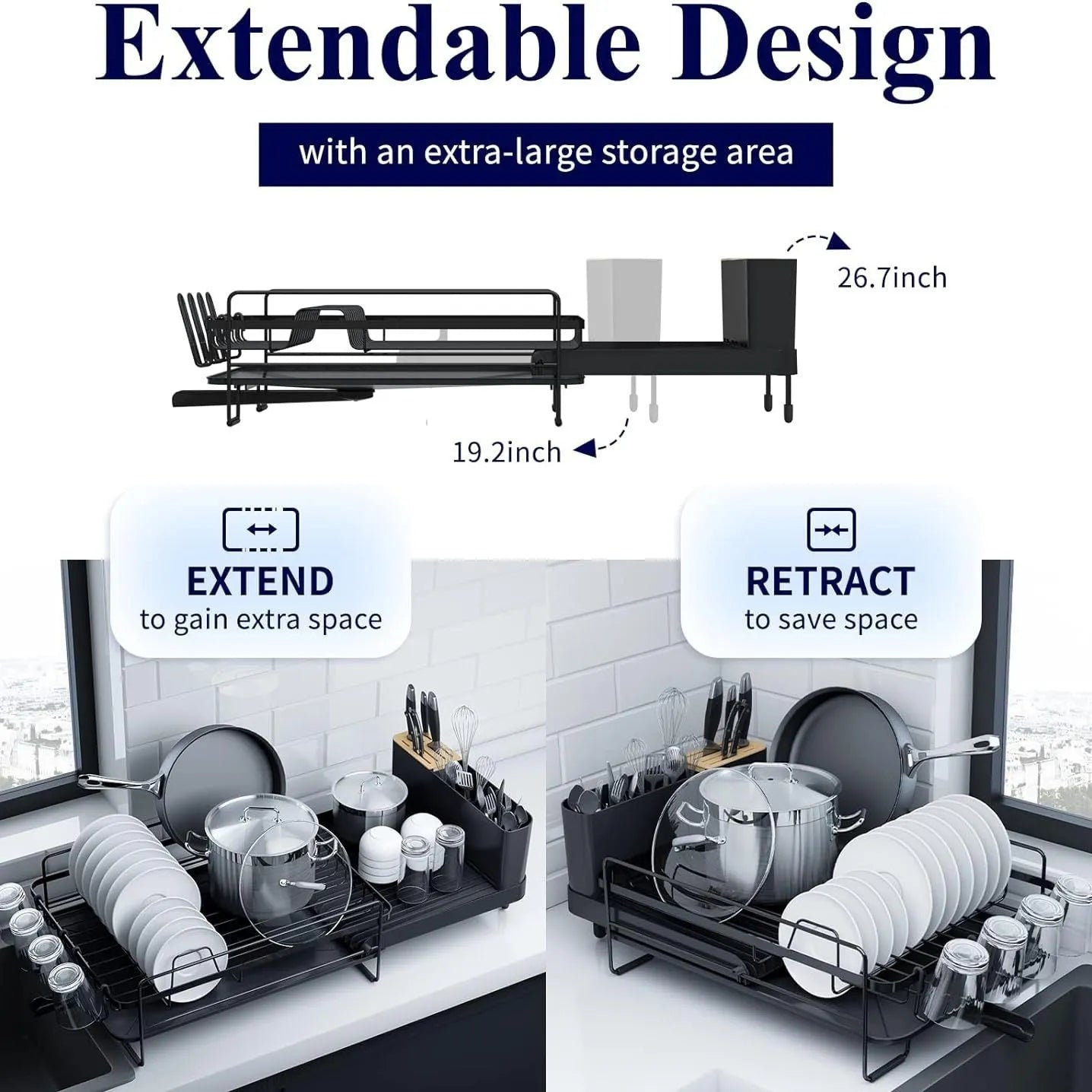 A retractable, foldable carbon steel dish rack for draining cutlery, knives, forks and cups on a kitchen countertop.