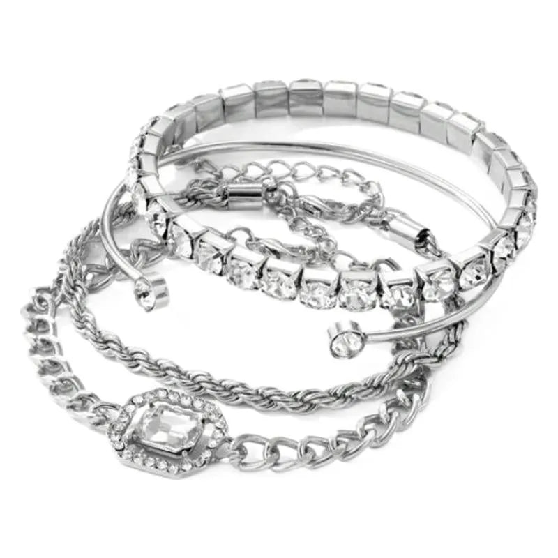Retro geometric alloy bracelet four-piece set with square diamond details in gold and silver colours.