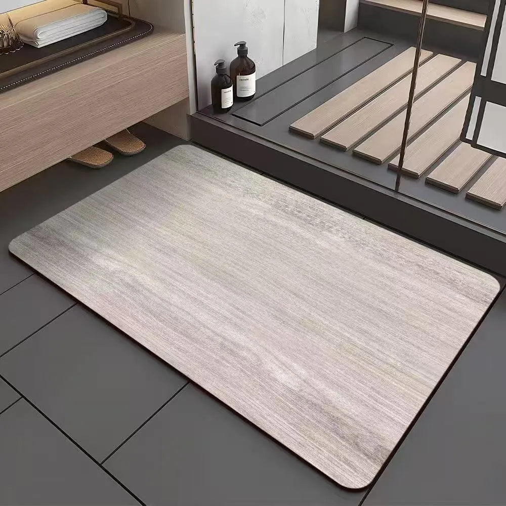 Square American wood grain geometric pattern diatom ooze bathroom floor mat on tiles.