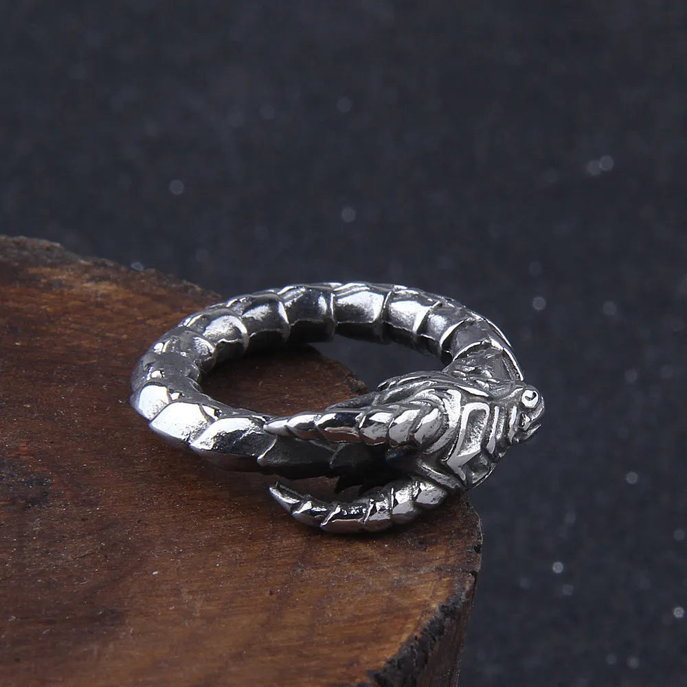 Stainless steel dragon ring in steel colour with Norwegian myth ethnic style design, unisex sizes 7 to 13