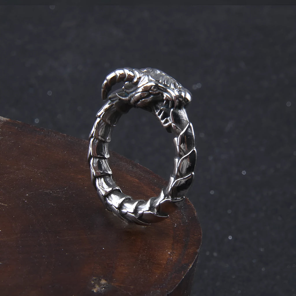 Stainless steel dragon ring in steel colour with Norwegian myth ethnic style design, unisex sizes 7 to 13