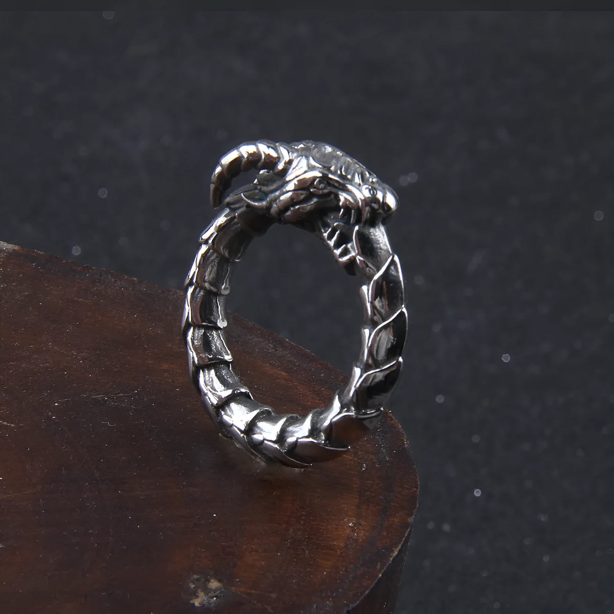 Stainless steel dragon ring in steel colour with Norwegian myth ethnic style design, unisex sizes 7 to 13