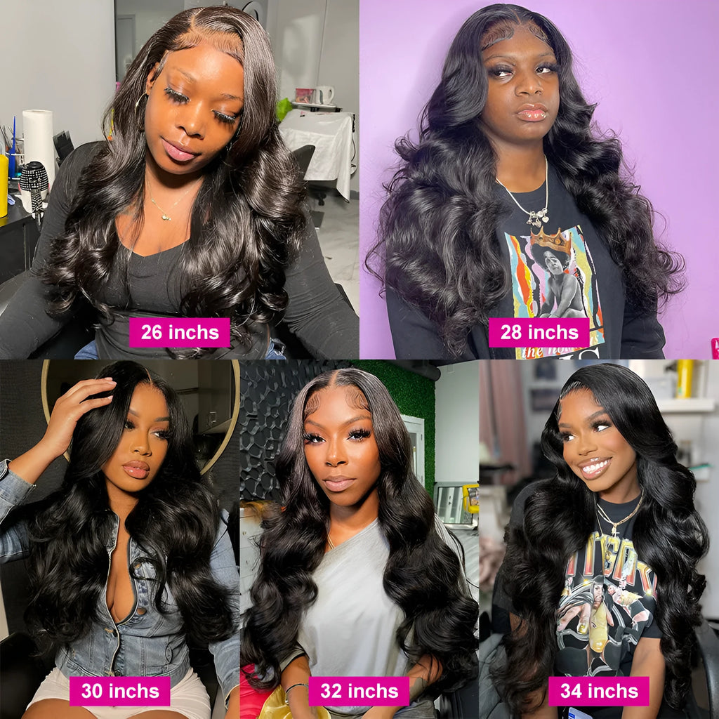 Black synthetic wig with long curly hair, side bangs, and a front lace design.