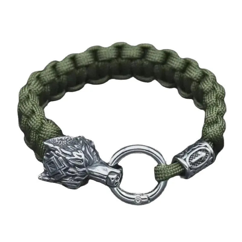 Stainless steel wolf head bracelet with engraved Luen character in camouflage colour