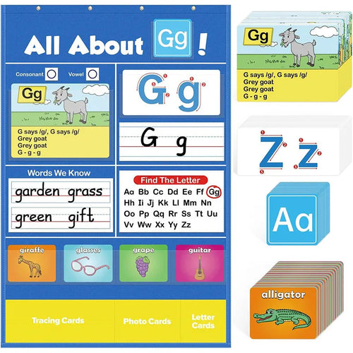 Large fabric alphabet learning chart with sets of educational word cards, letter cards, and picture cards arranged around it.
