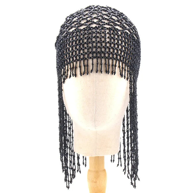 Handmade beaded belly dance performance hat with alloy construction and tassel detailing