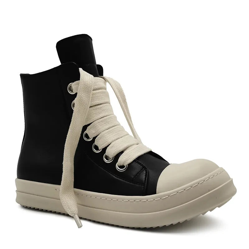Black high-top leather boots with side zipper and round toe on a white background.