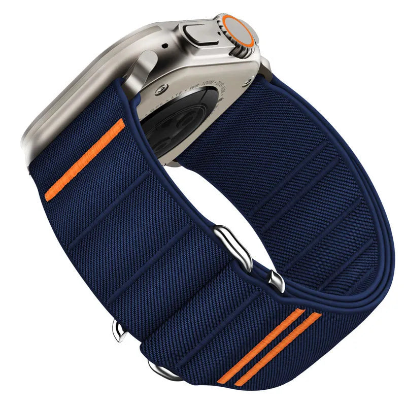 Elastic nylon Apple Watch replacement strap with stainless steel buckle shown in Army Green colour.