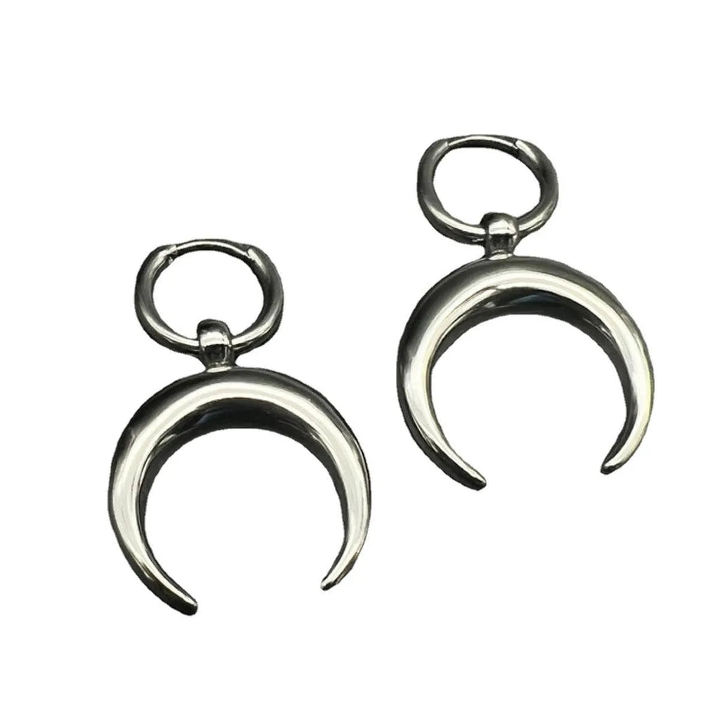 Silver geometric hoop earrings with gothic moon design and ear clip fastening