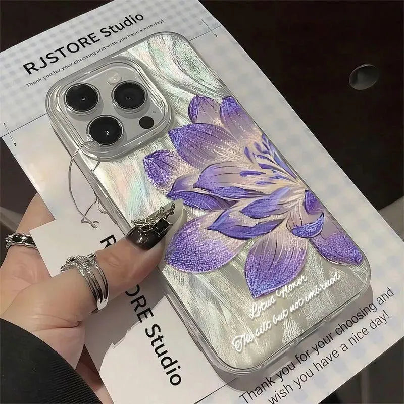Blue Lotus light luxury hard PC phone case for Apple iPhone on a table.