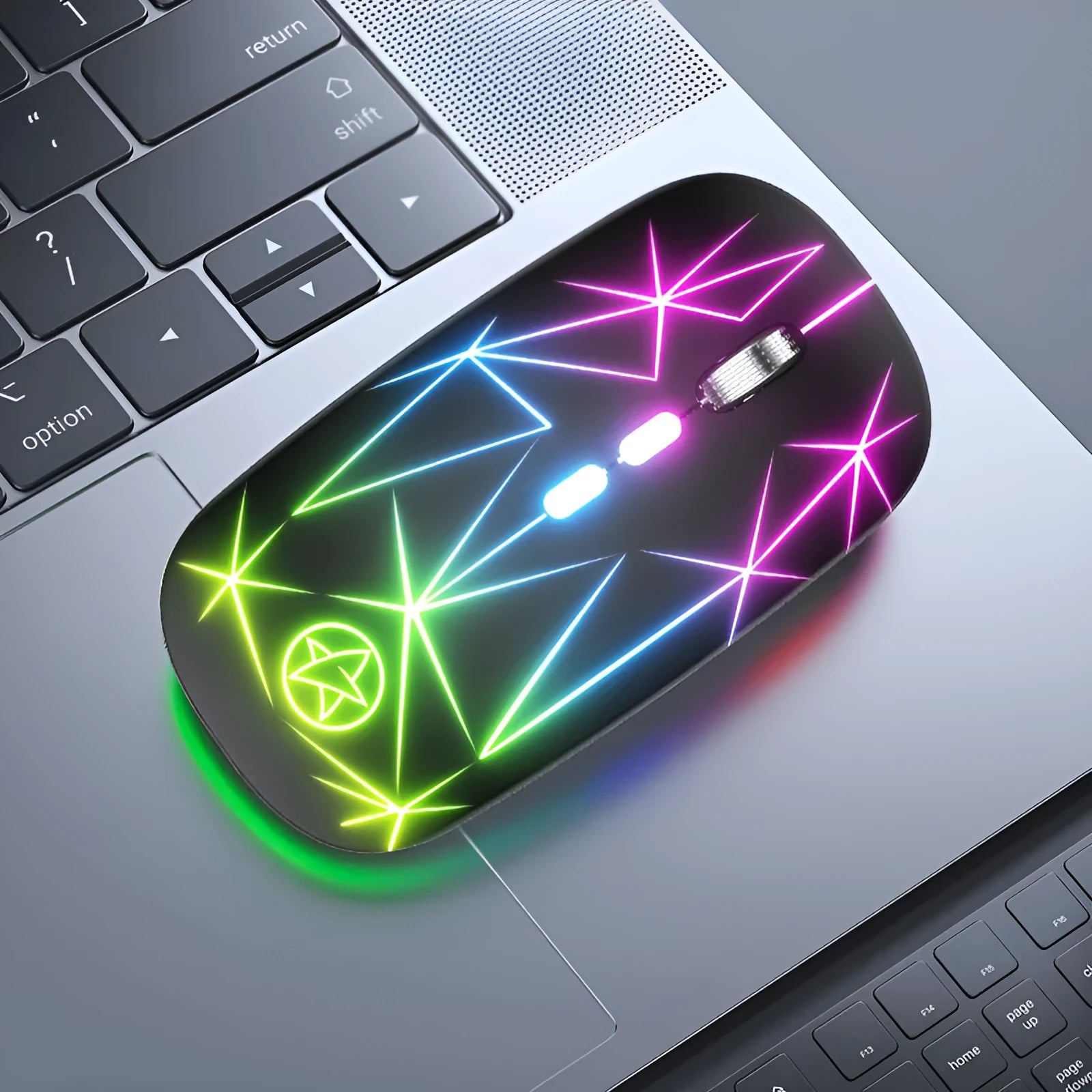 Wireless Bluetooth gaming mouse showing dual-mode connectivity, luminous charging indicators, and metal roller in Star Black colour option.