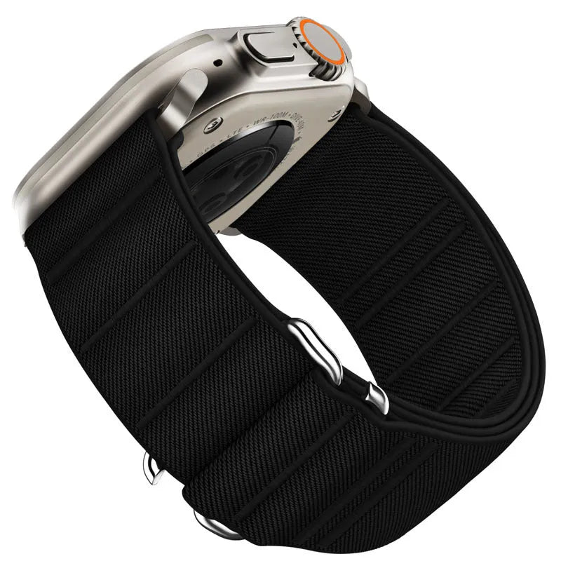 Elastic nylon Apple Watch replacement strap with stainless steel buckle shown in Army Green colour.