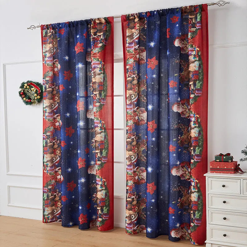 Rectangular Christmas-themed curtain with printed designs showing semi-sunshade function