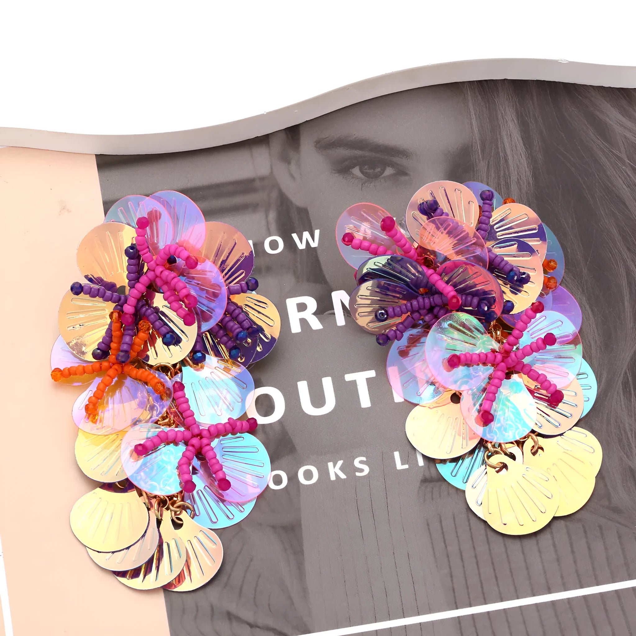 Handmade colourful flower and leaf bead earrings in exaggerated European American style.