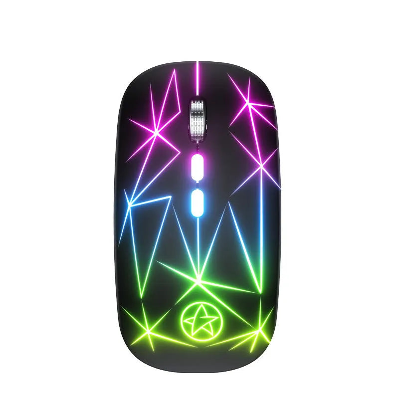 Wireless Bluetooth gaming mouse showing dual-mode connectivity, luminous charging indicators, and metal roller in Star Black colour option.