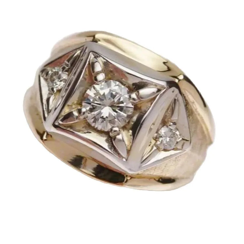 Geometric hollow design couple rings in gold colour with wide face and chamfering square pattern