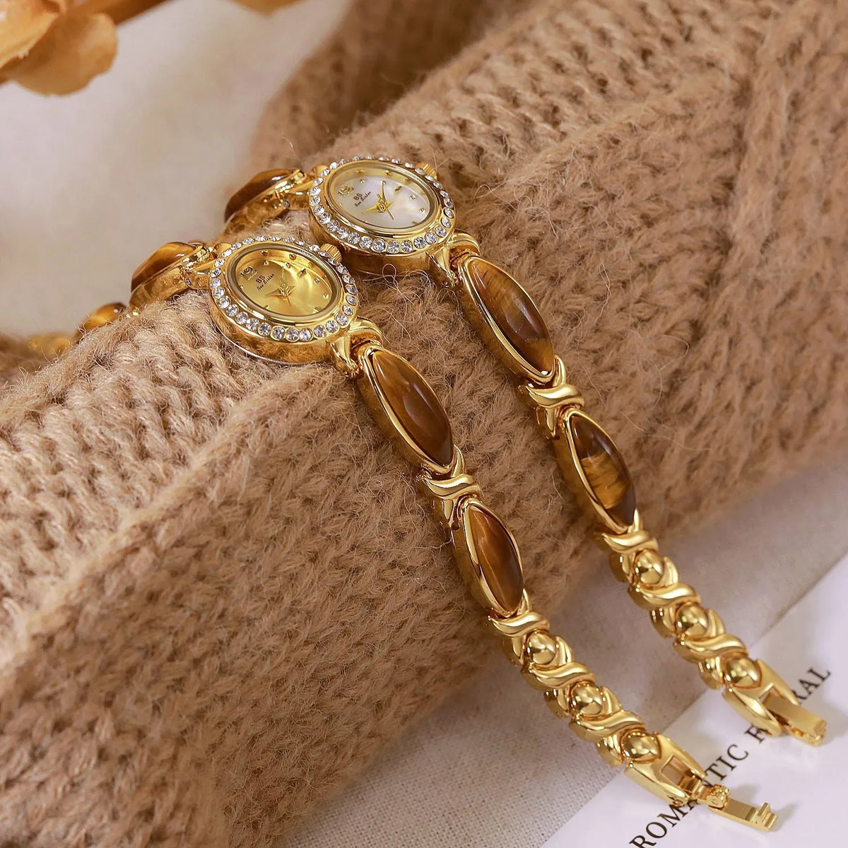 Tigereye Maillard chain watch for women with natural stone dial, 7mm alloy bracelet, gold tone