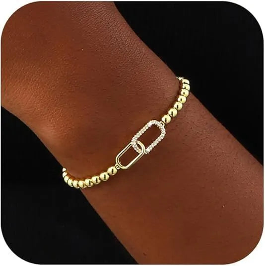 Adjustable stainless steel beaded bracelet in a geometric design with round beads.